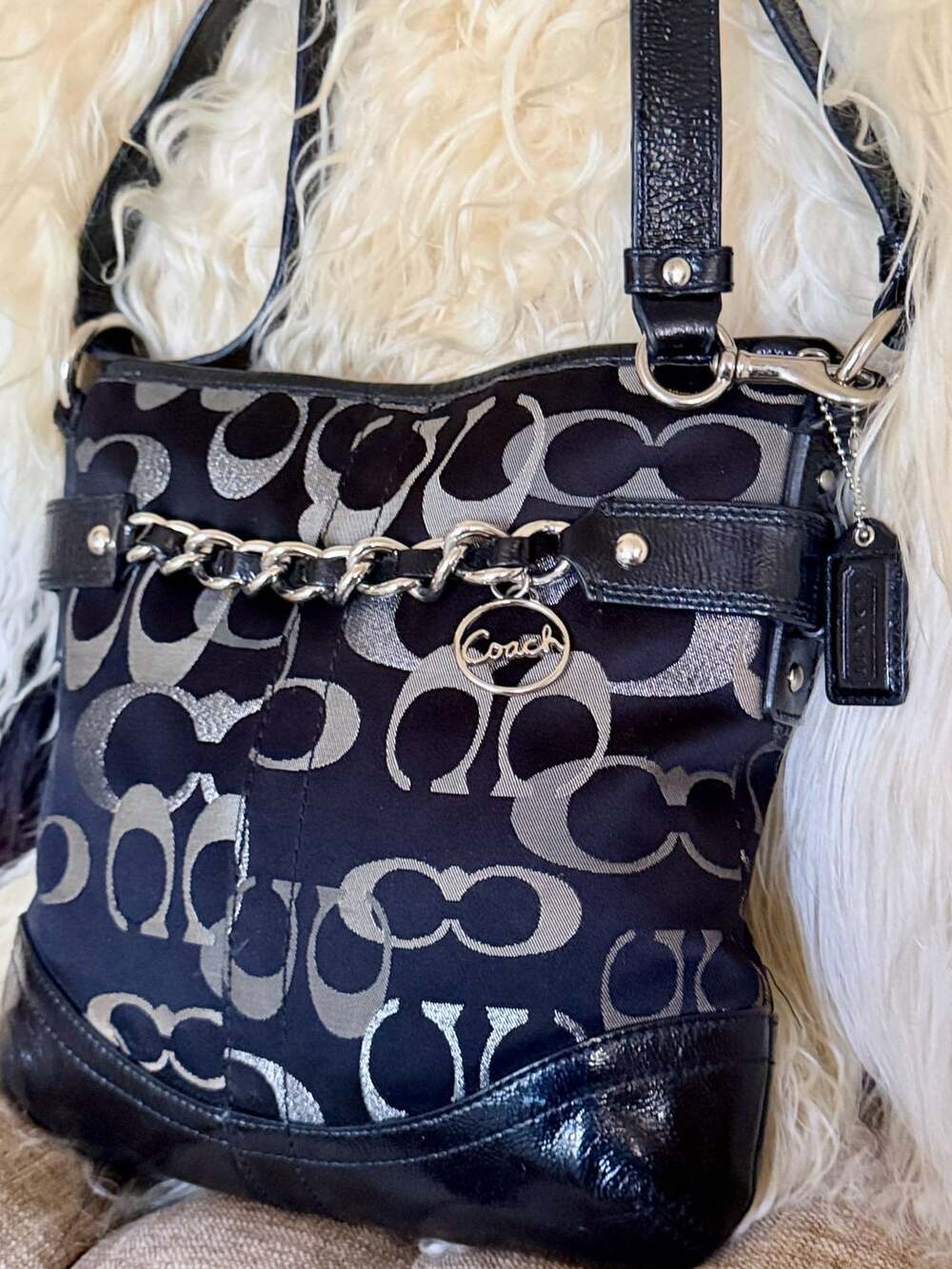 Coach F19820 Black Signature Jacquard Metallic Chain Shoulder Bag